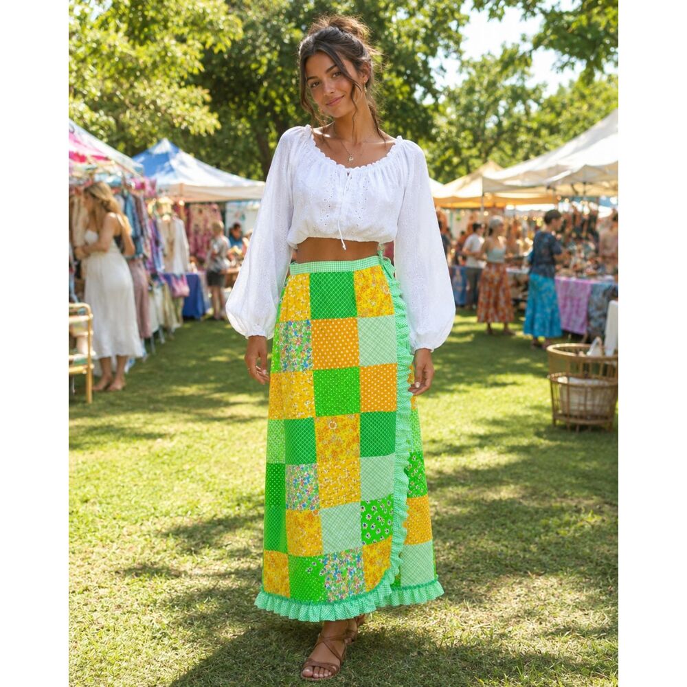 Vintage Patchwork Festival Feminine Mountain Artisans Retro Quilt Maxi Skirt